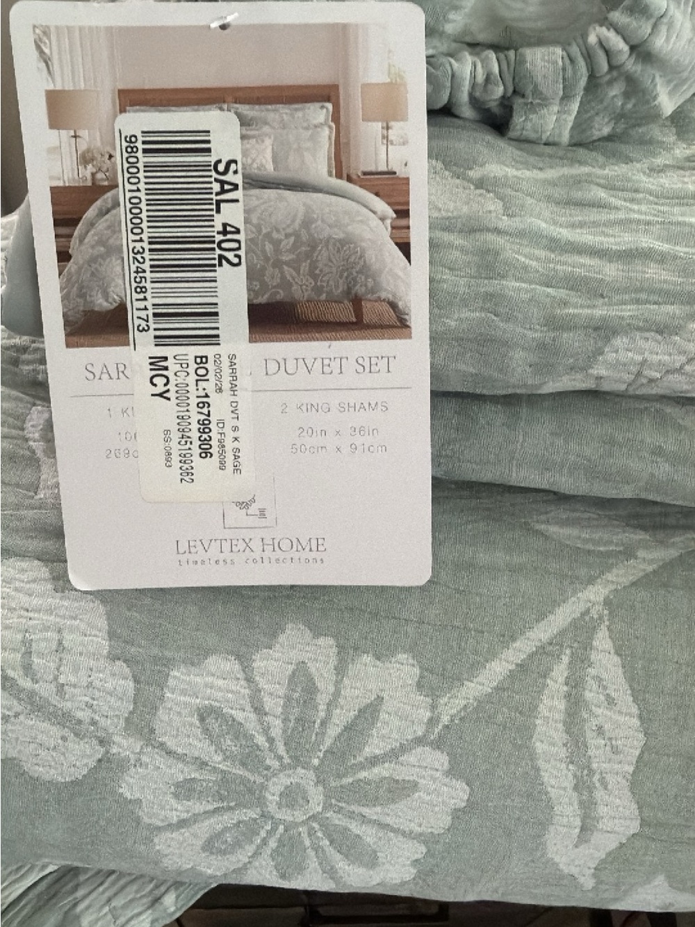 Levtex Sage Green Floral Duvet Set KING SIZE